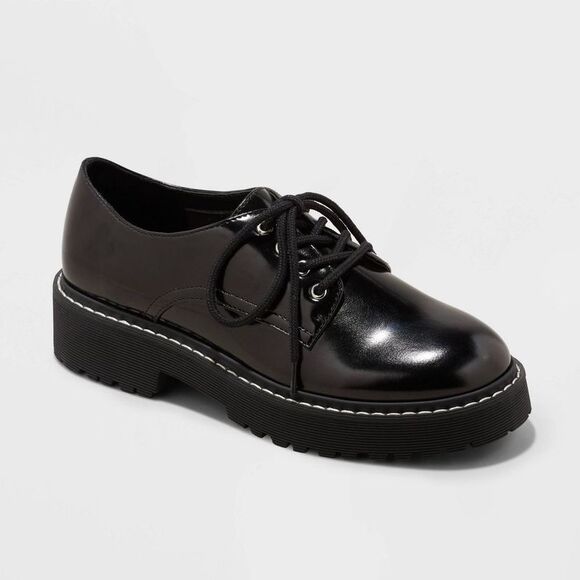 A New Day Shoes - A New Day -  Women's Faux Leather Lace-Up Casual Flat Black